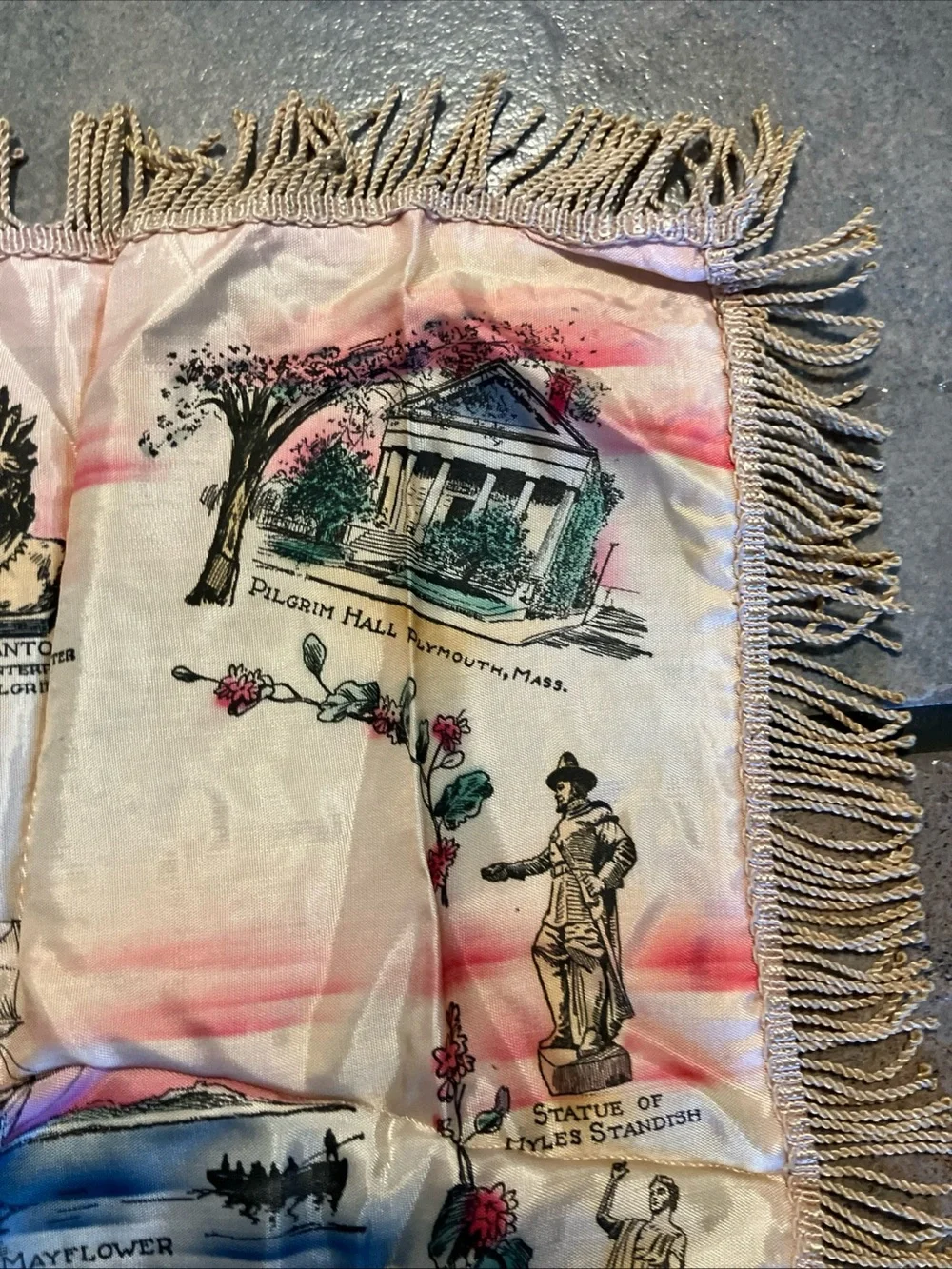 Vintage Plymouth Souvenir Fringe pillow case- Pink, Blue, Cream